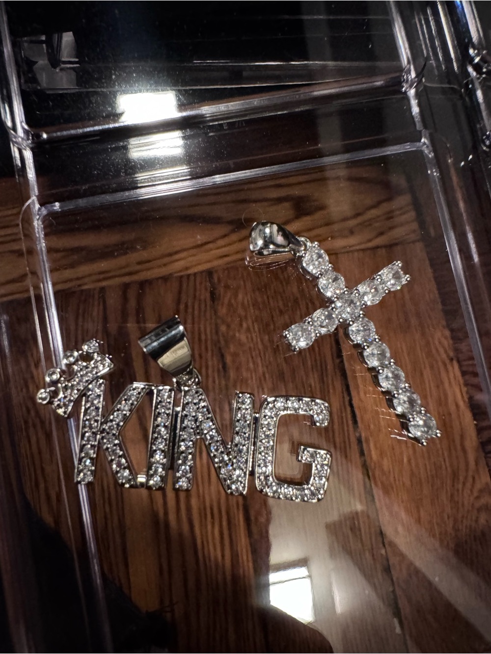 Silver KING Letter Pendant and Cross Charm - Clear Crystal Accents